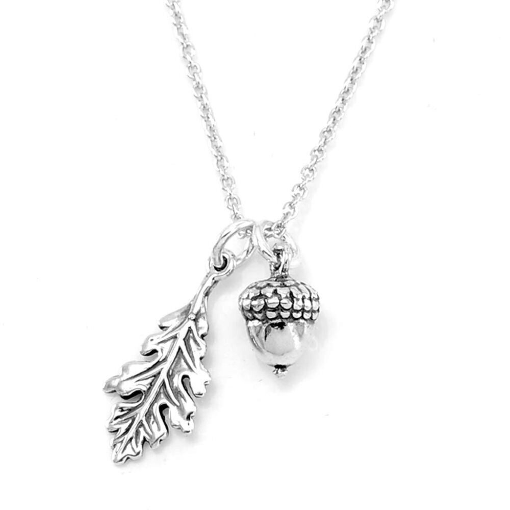 Sterling Silver Tiny Oak leaf and Acorn Charm Necklace, 18"